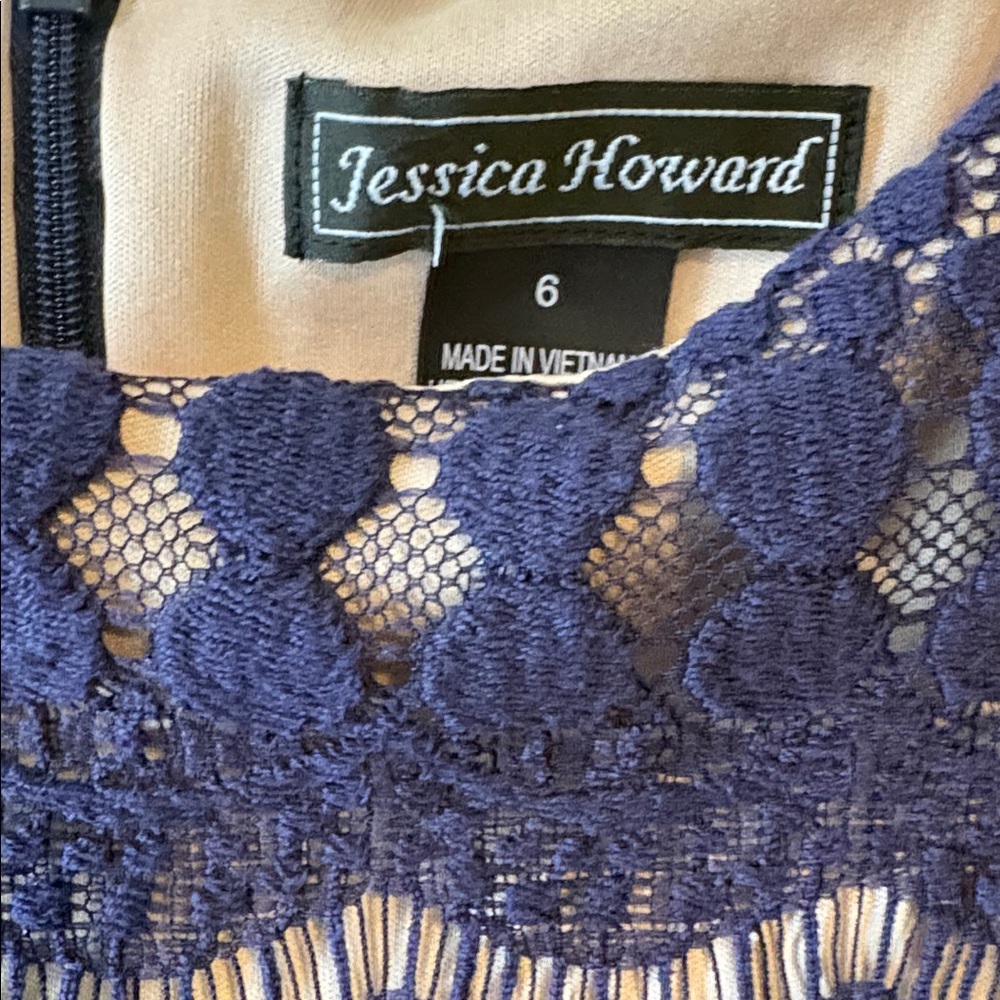 Navy open weave a-line dress with cream lining. Fringe details on sleeves/hem. - Picture 2 of 7